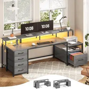 75'' Home Office Desk with File Drawer & Power Outlet, 75'' Large Computer Desk with 5 Drawer, Storage Shelves, Monitor Shelf and Led Lights Desktop Gaming Desk, Grey