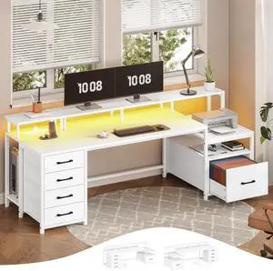 75'' Home Office Desk with File Drawer & Power Outlet, 75'' Large Computer Desk with 5 Drawer, Storage Shelves, Monitor Shelf and Led Lights Desktop Gaming Desk, White