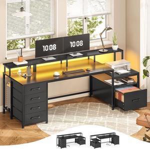 75'' Home Office Desk with File Drawer & Power Outlet, 75'' Large Computer Desk with 5 Drawer, Storage Shelves, Monitor Shelf and Led Lights Desktop Gaming Desk, Black