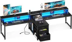 94" Computer Desk with Fabric Drawers & File Cabinet- 2 Person Home Office Desks with Power Outlet & LED Light, Long Writing Desk with Monitor Stand, Storage Shelves, Study/Work Table, Black