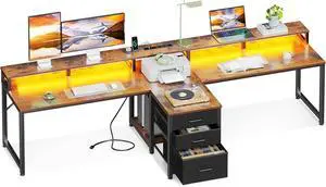 94" Computer Desk with Fabric Drawers & File Cabinet- 2 Person Home Office Desks with Power Outlet & LED Light, Long Writing Desk with Monitor Stand, Storage Shelves, Study/Work Table, Brown