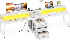 94" Computer Desk with Fabric Drawers & File Cabinet- 2 Person Home Office Desks with Power Outlet & LED Light, Long Writing Desk with Monitor Stand, Storage Shelves, Study/Work Table, White