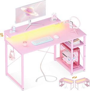40" Gaming Desk with Led Lights & Power Outlet, 40 Inch Small Gaming Computer Desk with Shelves, Reversible Gamer Desk Table with Adjustable Monitor Stand & Headphone Hook, Pink