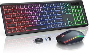 Wireless Keyboard and Mouse Combo - RGB Backlit, Rechargeable & Light Up Letters, Full-Size, Ergonomic Tilt Angle, Sleep Mode, 2.4GHz Quiet Keyboard Mouse for Mac, Windows, Laptop, PC - BLACK
