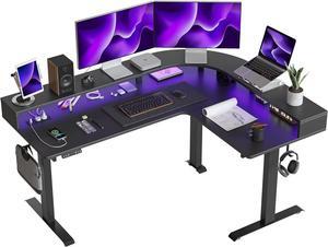 L Shaped Standing Desk with Arc LED & Power Outlet, Exclusive Uprated 3 Motors Support 330LBS, Electric Height Adjustable L Shaped Desk with Large Monitor Stand, for Gaming Office, Black