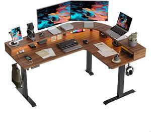 L Shaped Standing Desk with Arc LED & Power Outlet, Exclusive Uprated 3 Motors Support 330LBS, Electric Height Adjustable L Shaped Desk with Large Monitor Stand, for Gaming Office, Black Walnut