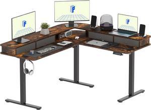 63'' L Shaped Standing Desk Electric Corner Table with Shelf, 4 Storage Drawers, Adjustable Computer Workstation for Home, Office, Game, Studio, USB Charger, Rustic Brown Top + Black Frame