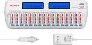 Tenergy TN438 16-Slot Smart Battery Charger for AA/AAA NiMH/NiCd LCD Display + 16 Premium Rechargeable AA Batteries