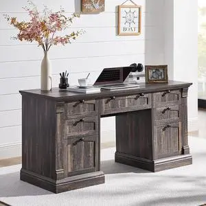 60" Executive Desk with Drawers, Farmhouse Home Office Desk with Charging Station, Keyboard Tray, File Cabinet Storage, Wood Computer Desk for Work and Study, Dark Rustic Oak