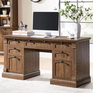 60" Executive Desk with Drawers, Farmhouse Home Office Desk with Charging Station, Keyboard Tray, File Cabinet Storage, Wood Computer Desk for Work and Study, Reclaimed Barnwood