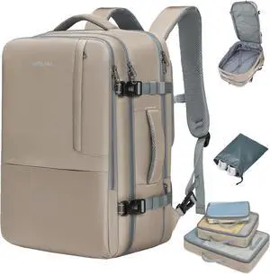 50L Expandable Travel Backpack for Women Men, Carry On Travel Essentials, Flight Approved Fits 21 Inch Laptop Backpack, Waterproof Business Suitcase Weekender Backpack, Beige