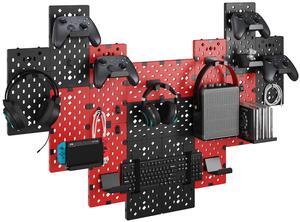 Controller and Headphone Holder Wall Mount, Modular Gaming Pegboard with Accessories, Controller Stand for Xbox PS5 PS4 Switch, Video Game Storage, Disc Shelf Organizer, 14pcs Pegboard, Black/Red