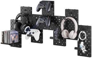 Controller and Headphone Holder Wall Mount, Modular Gaming Pegboard with Accessories, Controller Stand for Xbox PS5 PS4 Switch, Video Game Storage, Disc Shelf Organizer, 7pcs Pegboard, Black
