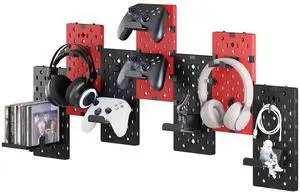 Controller and Headphone Holder Wall Mount, Modular Gaming Pegboard with Accessories, Controller Stand for Xbox PS5 PS4 Switch, Video Game Storage, Disc Shelf Organizer, 7pcs Pegboard, Black/Red
