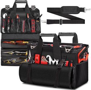 Heavy Duty Tool Bag 17-Inch, 27-Pocket Tool Tote with Tool Roll Bag & Adjustable Shoulder Strap, Large Portable Tool Bags Organizer and Storage for Men Women, Birthday Father's Day Gifts for Dad