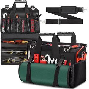 Heavy Duty Tool Bag 17-Inch, 27-Pocket Tool Tote with Tool Roll Bag & Adjustable Shoulder Strap, Large Portable Tool Bags Organizer and Storage for Men Women, Birthday Father's Day Gifts for Dad,Green