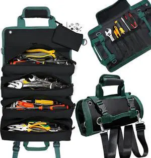 Tool Bag Roll up, Heavy Duty Tool Bag Organizer, Tool bags for Men Women, Portable Tool bag with shoulder strap, Small Carrier Bag for Electrician Mechanic, Father Day Dad Gifts, Gifts for Men,GREEN