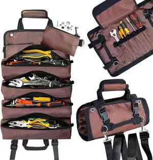 Tool Bag Roll up, Heavy Duty Tool Bag Organizer, Tool bags for Men Women, Portable Tool bag with shoulder strap, Small Carrier Bag for Electrician Mechanic, Father Day Dad Gifts, Gifts for Men, Brown