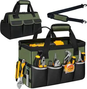 Tool Bag, Portable Tool Box Organizer Adjustable Shoulder Strap, Carry Tool Tote Heavy Duty Tool Storage Bag With Wide Mouth,Tool Bags for Men Mechanic EngineerGift - L, Army Green & Black