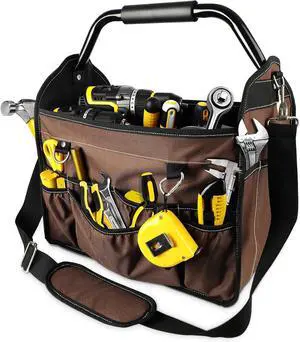 15-Inch Open Top Tool Bag, Electrician Tool Bag, Tool Tote Bag Organizer for Easy Tool Access, 33 Pockets Foldable Tool Carrier with Rotating Steel Handle and Removable Shoulder Strap