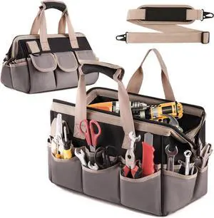 15-Inch Heavy Duty Tool Bag - 32-Pocket Wide Mouth Tool Tote Organizer Storage, Portable Electrician Open Top Tool Bags with Large Zipper, Adjustable Shoulder Strap, Gift for Mechanic HVAC