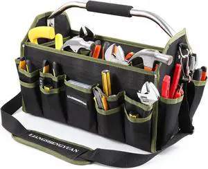 16 In Electrician Tool Bag, Foldable Bags For Men Heavy Duty, Open Top Tool Tote, 30 Pockets Can Hold Many fittings, Organizer Stainless Steel Handle and Removable Shoulder Strap