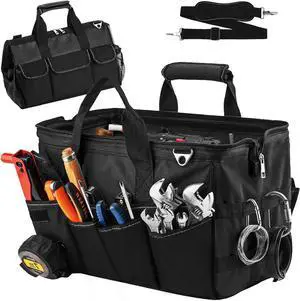 Tool Bag, 16inch Foldable Open Top Tool Bag Organizer for Easy Tool Access, Water-Resistant Construction, Electrician Tool Bag with Handle & Padded Adjustable Strap, Black