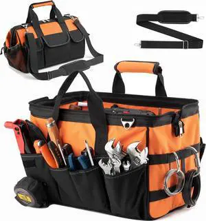 Tool Bag, 16 Inch Foldable Open Top Tool Bag Organizer for Easy Tool Access, Water-Resistant Construction, Electrician Tool Bag with Handle & Padded Adjustable Strap, Orange