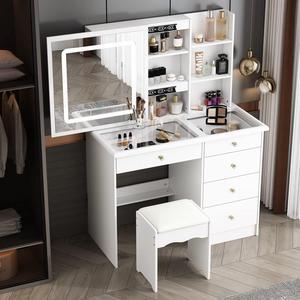 Vanity Desk Set Makeup Table with Large Sliding Lighted Mirror & Glass Top, Modern Dressing Table with Drawers, Storage Shelves & Stool for Bedroom, White