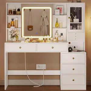 Makeup Vanity with Lights & Sliding Mirror, Vanity Desk with Jewelry Organizer, Glass Cabinet & 5 Drawers, Dressing Table, Modern White
