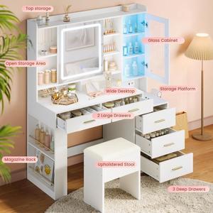 Makeup Vanity Desk with Sliding LED Lighted Mirror, 47.2"W Large Vanity Desk with Drawers, Shelves and Side Storage, RGB Glass Cabinet, White Vanity Table Set with Charging Station for Bedroom