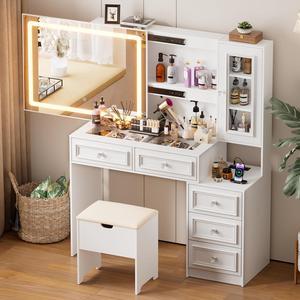 Vanity Desk with Sliding Mirror and Lights, European Style Makeup Vanity Table with Glass Top, 5 Drawers, Storage Cabinet, 2 Hidden Storage Shelves, Charging Station & Stool Set for Bedroom