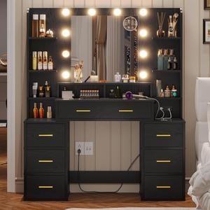 Vanity Desk with Mirror and Lights & Glass Top,Makeup Vanity with Lights,10x Magnifying Mirror & Charging Station,Large Vanity Table with 8 Drawers,Acrylic Dividers & Shelves,Black Wood Grain