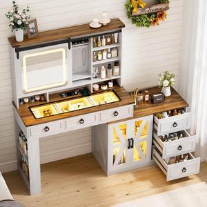 Farmhouse Vanity Desk with Sliding Mirror and Lights, Glass Top Dressing Table with Jewelry Storage, 60" W Large Makeup Vanity Set with 6 Drawers, 10 Shelves & Adjustable Cabinet (White)