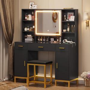 Vanity Desk with Openable Mirror and Lights, Glass Tabletop Makeup Vanity Set with Charging Station, Black Vanity Table with 3 Drawers & 2 Cabinets, DIY Drawer Dividers, Hidden Hooks