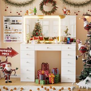 Vanity Set with Lighted Mirror, Large Vanity Desk with Charging Station, Makeup Vanity Table with 11 Drawers & Hidden Sliding Storage Cabinet & Visible Glass Tabletop for Bedroom (White)