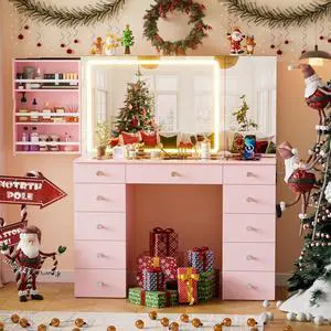 Vanity Set with Lighted Mirror, Large Vanity Desk with Charging Station, Makeup Vanity Table with 11 Drawers & Hidden Sliding Storage Cabinet & Visible Glass Tabletop for Bedroom (Pink)