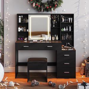 Makeup Vanity with LED Lighted Sliding Mirror, Black Vanity Desk with 5 Drawers, Charging Station & Hidden Storage Shelves, Adjustable Brightness, Dressing Table Stool Set for Bedroom