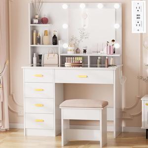 35.5" Vanity Desk with Mirror and Lights Small Glass Top Makeup Vanity with Power Outlet White Dressing Table Set with 5 Drawers Shelves Stool 3 Lighting Colors for Women Girl Bedroom UBDT64W