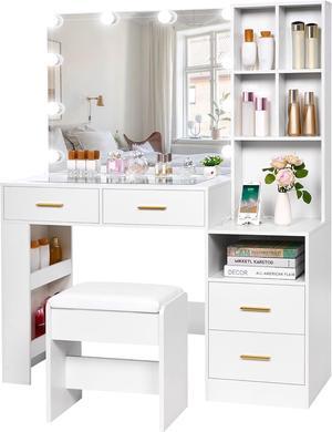White Vanity Desk with Mirror and Lights,Makeup Vanity Set with Glass Top,Large Dressing Table with Charging Station,4 Drawers,Nightstand,Stool,Makeup Desk for Girls Women Bedroom FST28W
