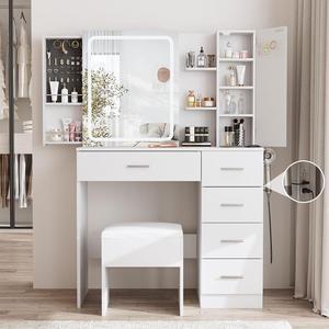 White Vanity Desk with Mirror and Lights,Makeup Vanity Table Set with Power Strip and Sliding Locker,Visual Drawer Makeup Desk with 5 Drawers&Shelves&Cabinet,3 Lighting Modes