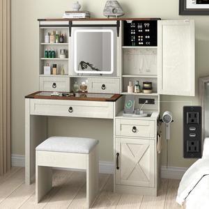Farmhouse Makeup Vanity Desk with Sliding Mirror and Lights, 42" Glass Top Vanity Table with Charging Station & 4 Drawers & 2 Cabinets, White Vanity Set for Bedroom, Dressing Table with Stool