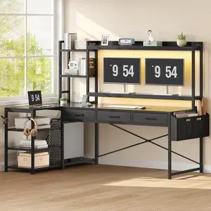 55" L Shaped Gaming Desk, Black Gaming Desk with Hutch & Power Strip, Corner Computer Desk with Fabric Drawers, Reversible Home Office Desk with LED Lights, Monitor Stand (Black)