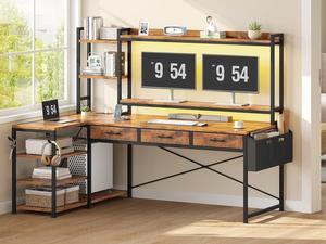 55" L Shaped Gaming Desk, Black Gaming Desk with Hutch & Power Strip, Corner Computer Desk with Fabric Drawers, Reversible Home Office Desk with LED Lights, Monitor Stand (Rustic Brown)