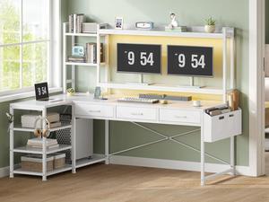 55" L Shaped Gaming Desk, Black Gaming Desk with Hutch & Power Strip, Corner Computer Desk with Fabric Drawers, Reversible Home Office Desk with LED Lights, Monitor Stand (White)