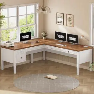63" Executive L Shaped Desk, Home Office Desk with 4 Drawers, Farmhouse Corner Computer Desk with Storage & File Drawers for Home Office, White