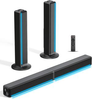 TV Sound Bar, Soundbar with RGB LED Lights & 2.1CH Bluetooth Speaker Surround System, 180W Surround Sound, AUX/Optical/HDMI ARC Home Theater Speaker, 2 in 1 Detachable for Smart TV/Projector/Gaming/PC