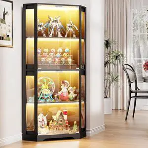 Corner Display Cabinet with Glass Doors, 65" Lighted Curio Cabinet with 3 Color Lights for Collectibles, 4-Tier Display Case with Human Body Sensor for Toys, Books, Black