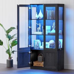 Display Cabinet with Glass Doors, Curio Storage Cabinet with 3 Shelves, Bookcase with LED Lights, Human Body Sensor, Black