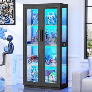 Display Cabinet with Glass Doors, Curio Cabinet with 4 Shelves for Collectibles, Bookcase with 3 Color LED Lights and Human Body Sensing, Buffer Hinge, Black